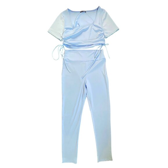 Light Blue Fashion Nova Wrap Top & Matching High-Waisted Leggings Set Size Large - Picture 1 of 5